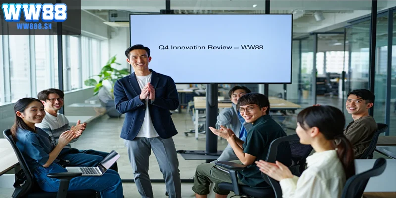 CEO WW88 cùng đội ngũ kỹ thuật tại buổi tổng kết quý với chủ đề “Thay đổi để dẫn đầu”