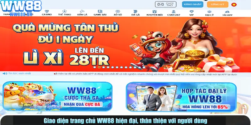 Giao diện trang chủ WW88 hiện đại, thân thiện với người dùng